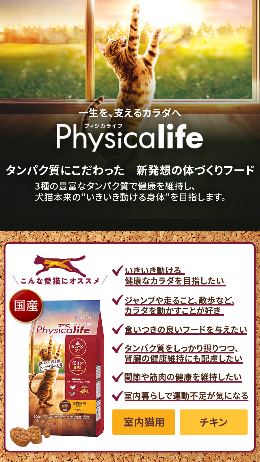 Physicalife室内猫用チキン入り 500g